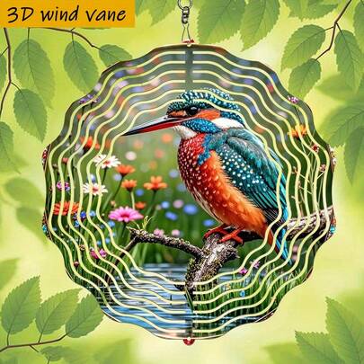 1个3D翠鸟栖息枝头花卉装饰摆件，10英寸*10英寸，带旋转挂钩，360° DIY创意风车庭院艺术悬挂装饰（不含吊坠），款式随机