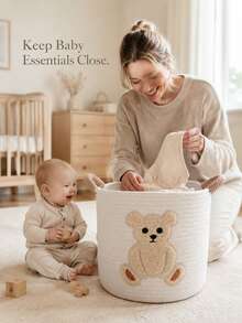 1pc Cute Bear Embroidered Pattern Baby Room Storage Basket With Handle, Nursery Room Storage Basket, Diaper & Bottle Storage Organizer, Multi-Function Storage Basket - Multicolor - View 5