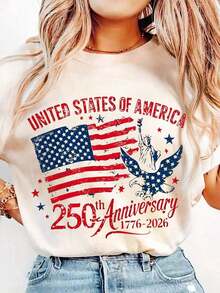 Retro American Flag Graphic T-Shirt For The 250th Anniversary, Women's Short Sleeve Crew Neck Casual T-Shirt For Independence Day, 4th Of July Summer Clothing - 淺杏色 - 查看 1