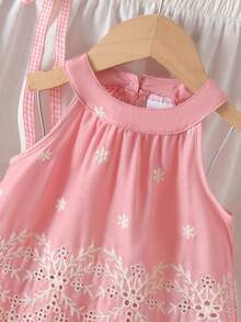 2pcs Baby Girls Cute Embroidered Hollow Design Halter Vest & Elastic Waist Shorts Set, Snowflake Embroidery Pattern, Suitable For Beach Holiday In Summer - Pink - View 4