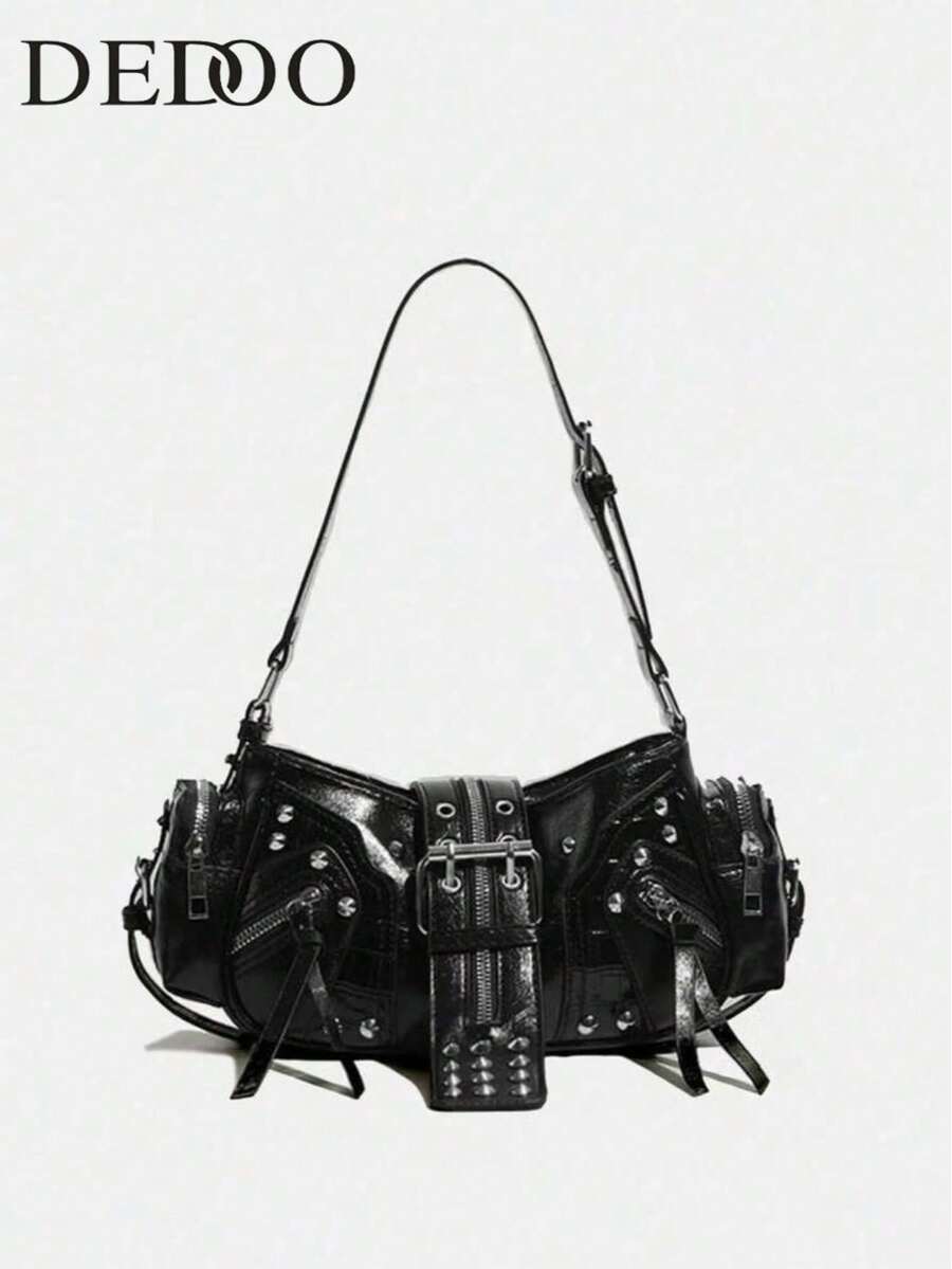 Unisex Punk Rock Motorcycle Bag, Y2K Oilcloth Leather Crossbody Underarm Handbag With Adjustable Strap, Suitable For Shopping - 黑色 - 查看 1
