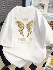 Women's Casual Short Sleeve T-Shirt With Guardian Angel Print On Front And Back, Protective Design, Round Neck, Summer Essential, Comfortable Fit, Classic Design - Women's Clothing, Women's Cotton T-Shirts, D'Angelo T-Shirt - 風格 - 查看 3