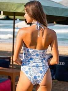 Swim Mod Nuevo conjunto de bikini de camisola azul sexy con concha bordada, estilo europeo y estadounidense, traje de baño estilizante para playa y resort, 2 piezas para mujer - Azul y blanco - Ver 2