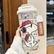 Miniso 花生史努比籃球漫畫印花保溫咖啡杯，附手腕掛繩，不鏽鋼材質，附蓋咖啡杯，雙飲設計，耐用 - 彩色 - 查看 1