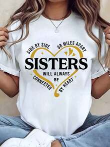 Women's T-Shirt With Sisters Print: Together Or Miles Away, Always Connected By Heart, Round Neck, Casual Top, Gift For Sister, 220g, Loose Fit Blouse - 白色 - 查看 6