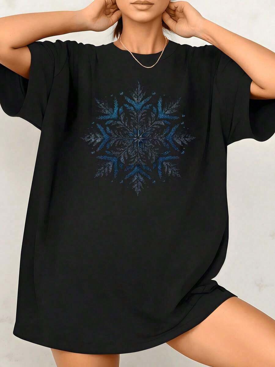 Women's T-Shirts With Snowflake Graphic Print, Casual Short-Sleeve Winter-Inspired Tees And 100% Fashionable T-Shirts For Spring And Summer, A Great Valentine's Day Gift, Valentine's Day Sets For Women, A Mardi Gras Gift, Casual Blouses For Ladies. - 黑色 - 查看 1