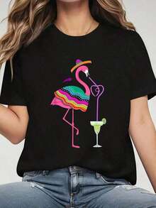 New Casual And Versatile Women's Short-Sleeve T-Shirt, Spring And Summer Tops With Mexican Poncho Print With Daisy For Cinco De Mayo, Short-Sleeve Cotton Graphic Tee With Round Neck, Comfortable And Soft, For Casual Wear All Year Round, Appreciation Gift For Teachers, Women's T-Shirts. Soft 100% Cotton - 黑色 - 查看 6