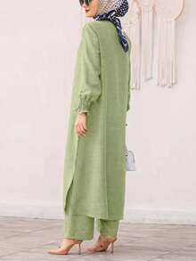 2 piezas Conjunto elegante verde fresco: Top de cárdigan de cuello redondo de unicolor y pantalones de cintura elástica, adecuado para fiesta en el jardín, ir al trabajo, trabajo, primavera/verano - Verde - Ver 3