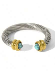 1pc 18K Gold Plated Stainless Steel Natural Stone Decor Open Ring, Suitable For Women's Daily And Party Wear, Gift - Gold - View 13