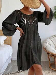 Swim Vcay Vestido cover up de croché en contraste de manga con volante - Negro - Ver 1