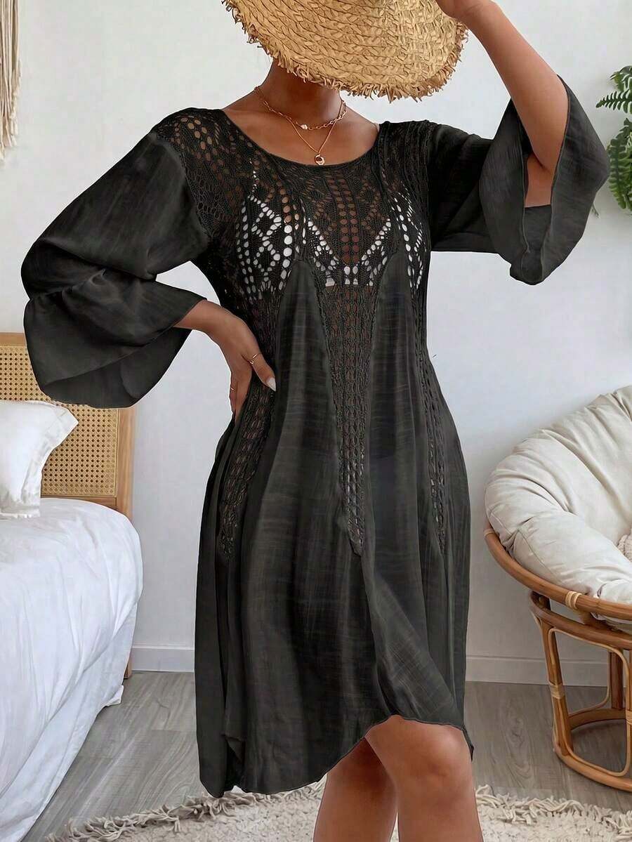 Swim Vcay Vestido cover up de croché en contraste de manga con volante - Negro - Ver 1