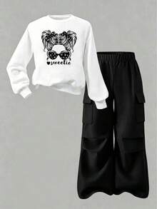 Young Girl Letter Cartoon Character Print Crew Neck Sweatshirt And Cargo Pants Casual Set - Black - View 3