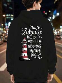 Compatible With Graphic Plus Size, Men's Back Print Hoodie, New Autumn-Winter Collection, Couple Hoodie, Versatile Loose Sweatshirt For Sports And Casual Wear - Casual Sweatshirt, Kangaroo Pocket, Stretch Fabric, Machine Washable - Perfect Choice For Spring And Autumn [Lingmoyun] - 黑色 - 查看 3