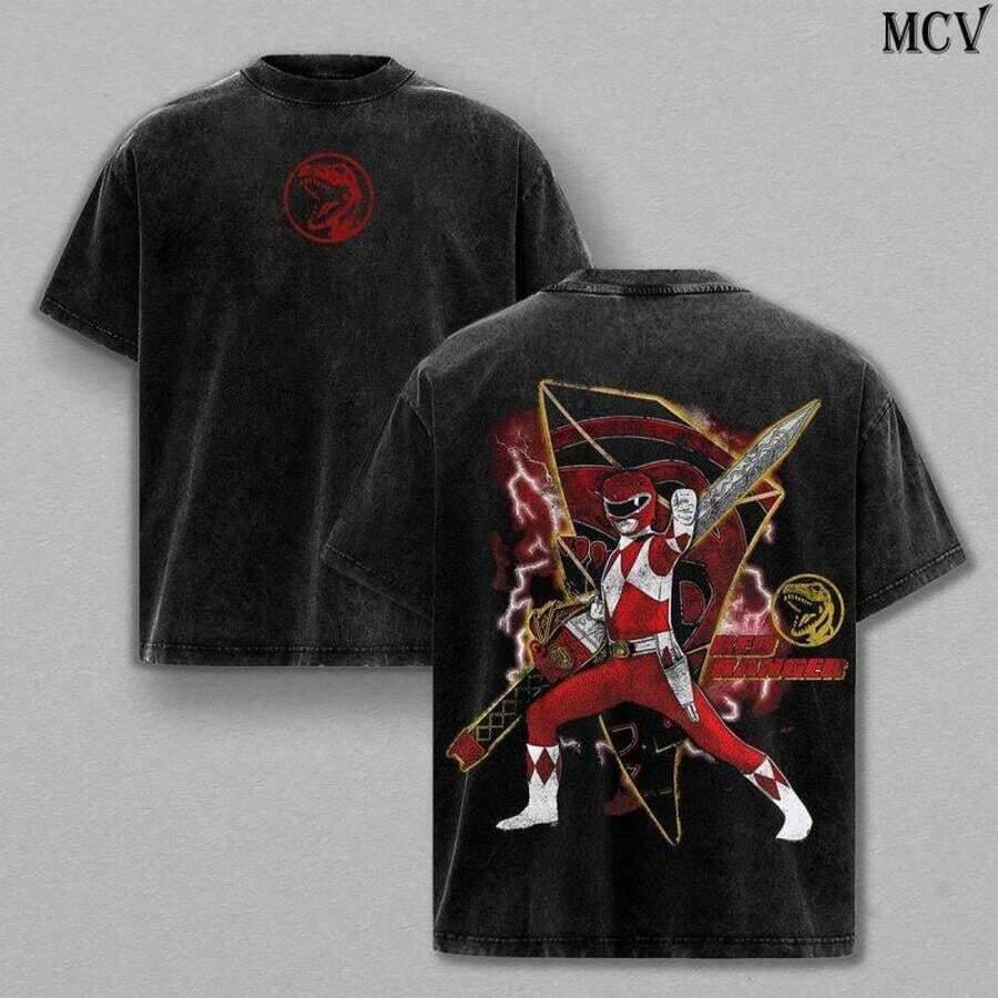 Washed Heavy Cotton Anime T-Shirt, Gift For Anime Fan, Anime Lover, Vintage Double Print Anime Power Rangers Mighty Morphin Red Ranger T-Shirt, Unisex And Oversized. - 黑色 - 查看 1