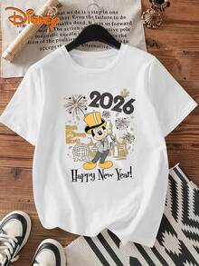Disney Genuine Women'S Summer Clothing Mickey Mouse Castle Fireworks And 2026 Happy New Year Letter Pattern Women'S T-Shirt Top Summer New Short Sleeve T-Shirt Women'S Casual Fashion Printed T-Shirt Women'S Elegant Women'S Clothing T-Shirt Women - White - View 6