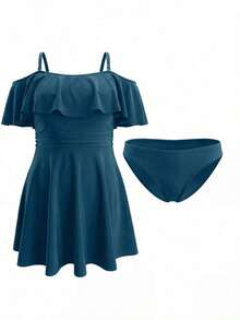 Swim Lushoire Parte superior de tankini de vacaciones con volantes en los hombros para mujer de talla grande, de unicolor - Agua verde azul - Ver 6