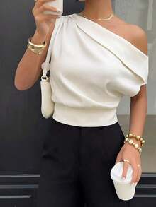 Blusa asimétrica plisada de color albaricoque, elegante y asimétrica, adecuada para el Día de San Valentín y el verano, con un estilo nuevo para la oficina/casual/vacaciones/festivales de música - Albaricoque - Ver 3
