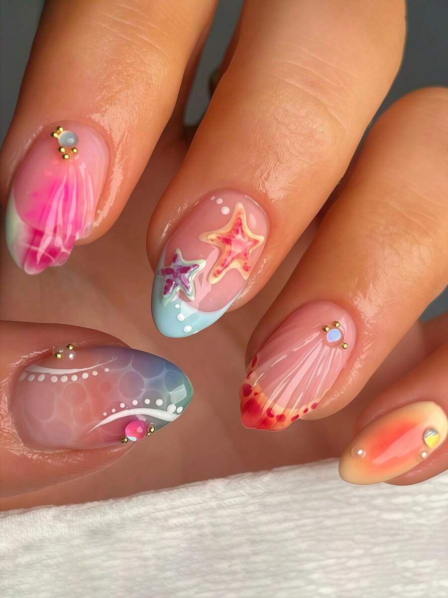 Add A Touch Of Romance 24pcs Rectangular Summer Beach Coconut Tree Ocean Embossed Full Coverage Fake Nails Tips Suitable For Women Girls Summer Office Daily Wear Includes 1pc Adhesive Sheet And 1pc Mini Nail File Randomly Shipped - Multicolor - View 1