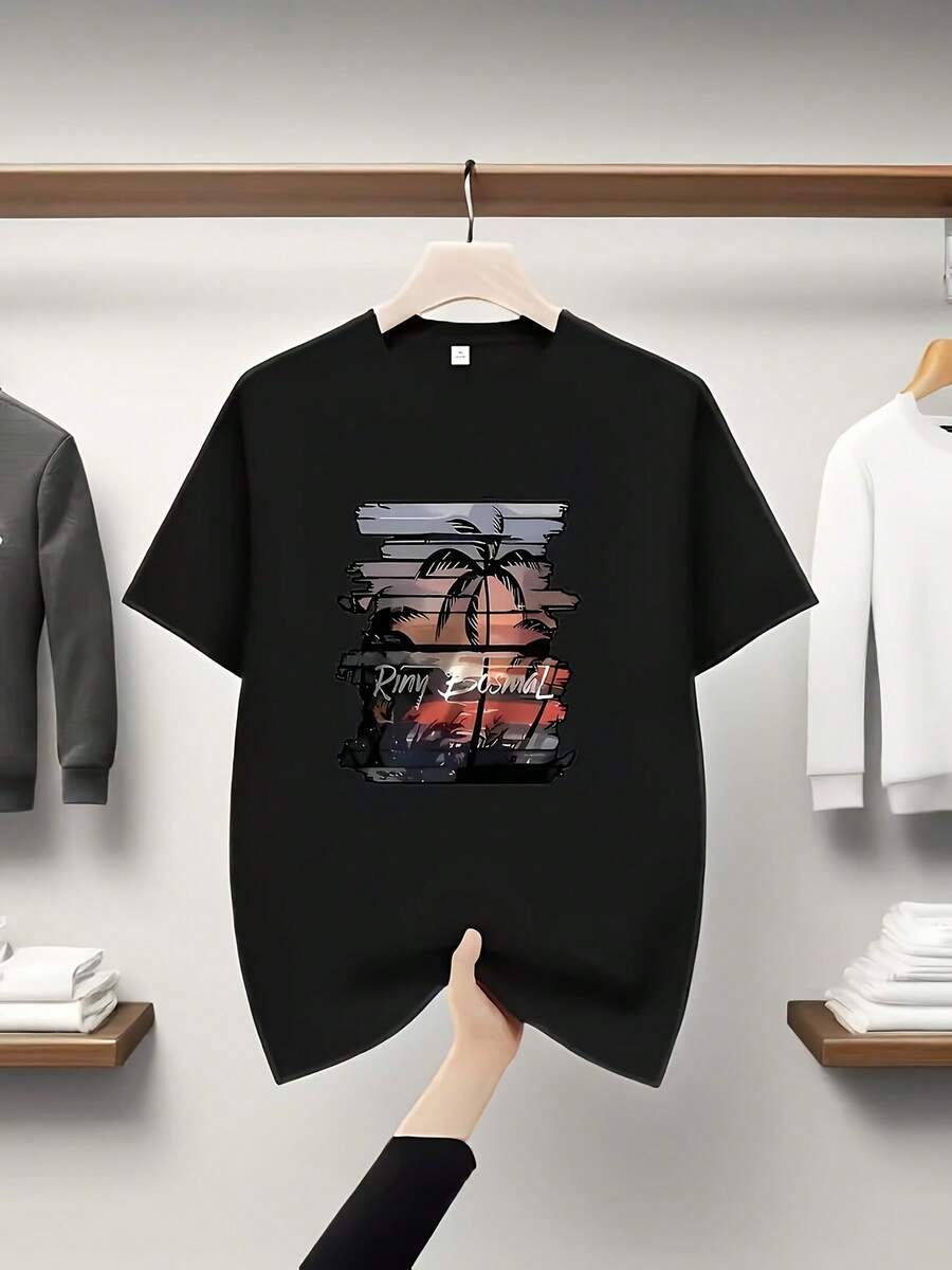Short-Sleeved Crew Neck T-Shirt Featuring A Vintage Graffiti Pattern With Sunset Motifs On The Front, With A Distressed Black Background Showing A Sunset Scene With A Coconut Tree (Accompanied By The Handwritten Logo "Riny Bosmal"). - 黑色 - 查看 1