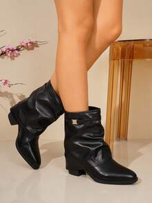 1 Pair Popular Folded Pleated Boots Fashion Buckle Flat Comfortable Solid Color Western Style Casual Microfiber Leather Mid-Calf Boots For Holiday Party Autumn Winter - Black - View 5