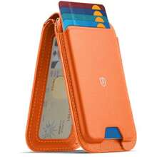SHIELDON Cartera de Cuero Genuino, Tarjetero Magnético, Tarjetero para Magnetico, Soporte Ajustable Bloqueo RFID Leather Wallet Card Holder Compatible con iPhone Serie 16/15/14/13/12, Negro - Naranja - Ver 9