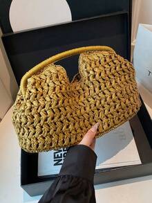 时尚纯色草编手提包，女士编织顶部提手，适合日常外出、海滩度假、户外旅行、周末短途旅行，是学生和职业女性的理想之选。 - 彩色 - 查看 13