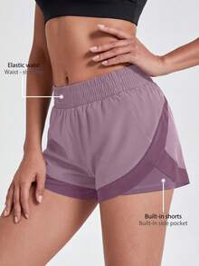 NcmRyu 1pc Women Solid Color Elastic Waist Lined Shorts, Short Style Side Slit Mesh Patchwork Sports Shorts - Purple - View 11