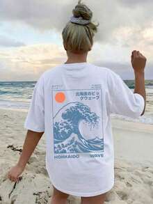 1 Piece Women's Loose-Fitting Summer T-Shirt With A Round Neck And Short Sleeves, Featuring Japanese Elements With A Hokkaido Wave And Sunrise Print. Suitable For Vacation, Office, Going Out, Daily Wear, Dating, Parties, Gatherings, Street, Carnival, Music Festivals, Valentine's Day, And Informal Occasions. Color: White, Women's Summer Dress - White - View 6