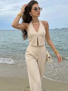 Jennie Growth Women's Apricot Suit 2-Piece Set, Cold Shoulder V-Neck Sleeveless Back Lace-Up Backless Crop Top & High-Waisted Wide-Leg Pants, Casual Hot Girl Bold Elegant Combination, Suitable For Summer Vacation Beach Wear, Lunch Date, Coffee Date, Street Style, Shopping, Office, Casual Weekend Outings - Apricot - View 6