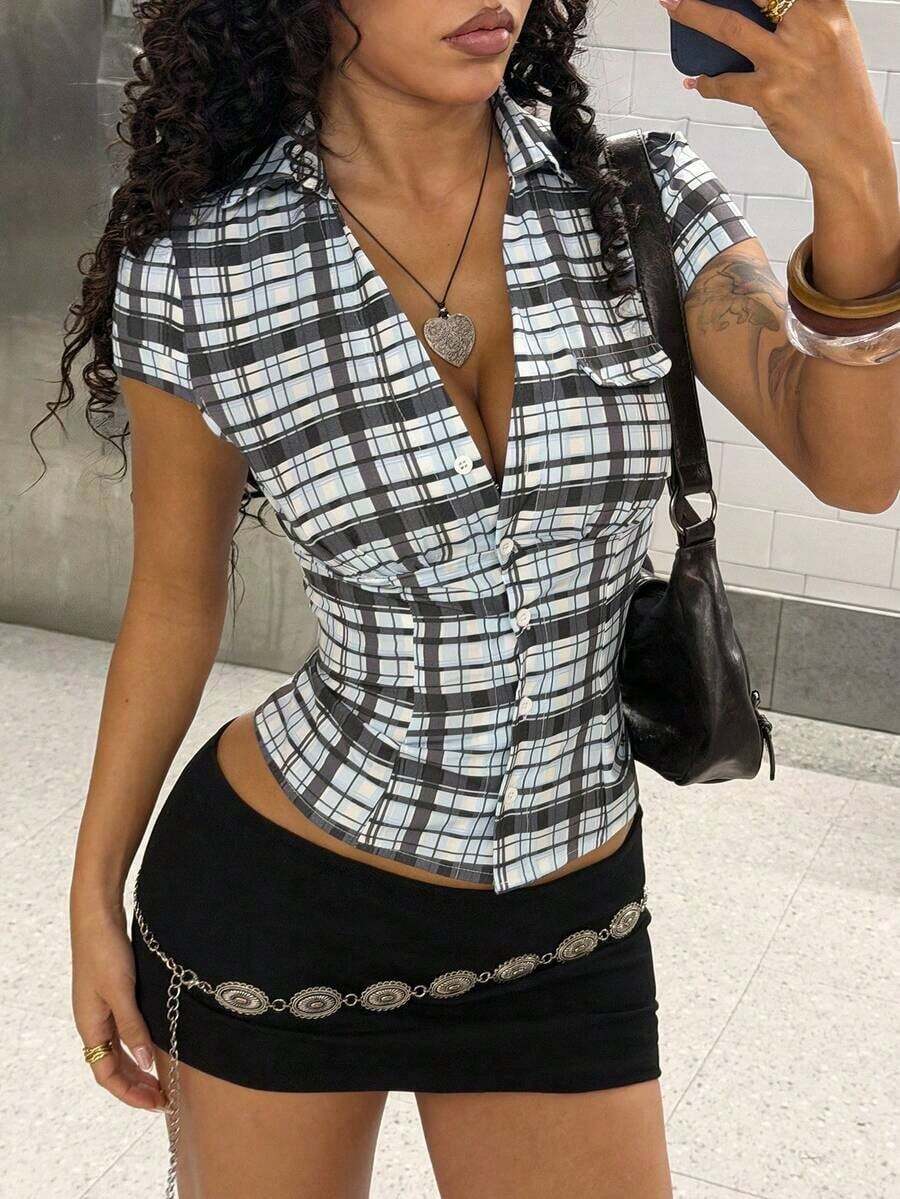 Blue Plaid Cap Sleeve Fitted Shirt For Women - Azul 3 - Ver 1