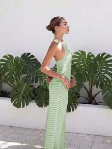 Nuevo vestido de verano de mujer de punto sin mangas, estilo casual de resort de playa, vestido elegante entallado, color blanco sólido, sexy cubreplaya de estilo bohemio para vacaciones - Verde Claro - Ver 3