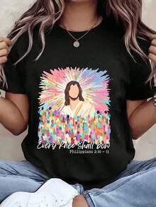 Women's T-Shirt With Jesus Christ And Rainbow Halo Print, "Every Knee Will Be Humbled," Philippians 210:13, Crew Neck, Regular Fit, Casual Wear, Gift, "He Has Risen," 220g, Oversized Blouse - 黑色 - 查看 6