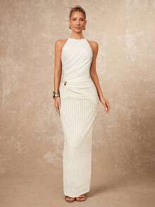 xheLumalex Vestido ajustado con cuello redondo, fruncido y decoración metálica cruzada para mujeresxhe - Albaricoque 2 - Ver 5