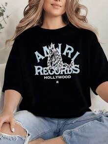 An Artistic Depiction Of A Cat Formed By Geometric Patterns Conveys A Fusion Of Urban Creativity And Musical Energy, With Large Lettering That Evokes Modern Youth Culture. A Comfortable, Casual Women's T-Shirt For Everyday Wear. - 黑色 - 查看 1