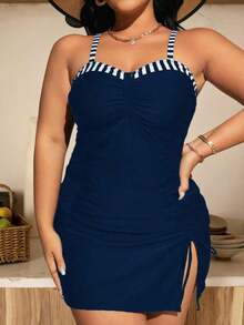 Swim Chiccia Conjunto de tankini con rayas de contraste y volantes para tallas grandes para la playa de verano - Multicolor - Ver 5