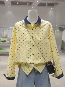 Women's Polka Dot Button Shirt, Contrast Collar, Long Sleeve Regular Fit, Elegant And Versatile, Perfect Choice For Autumn Wardrobe. Yellow - Yellow - View 5