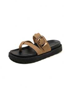 New Fashion Metal Buckle Decor Slip-On Platform Sandals, Comfortable & Versatile For Daily Wear - Khaki Leather - View 8