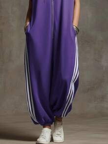 Mono a rayas con cuello alto y cremallera diseño combinado de colores - Morado - Ver 3