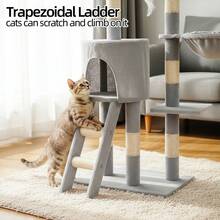 125cm 多層絨毛貓抓架，附劍麻抓柱、舒適貓窩、吊床與懸掛球玩具，堅固攀爬梯與休息平台，全方位貓家具，適合室內貓攀爬、休息與玩耍 - 灰色 - 查看 7