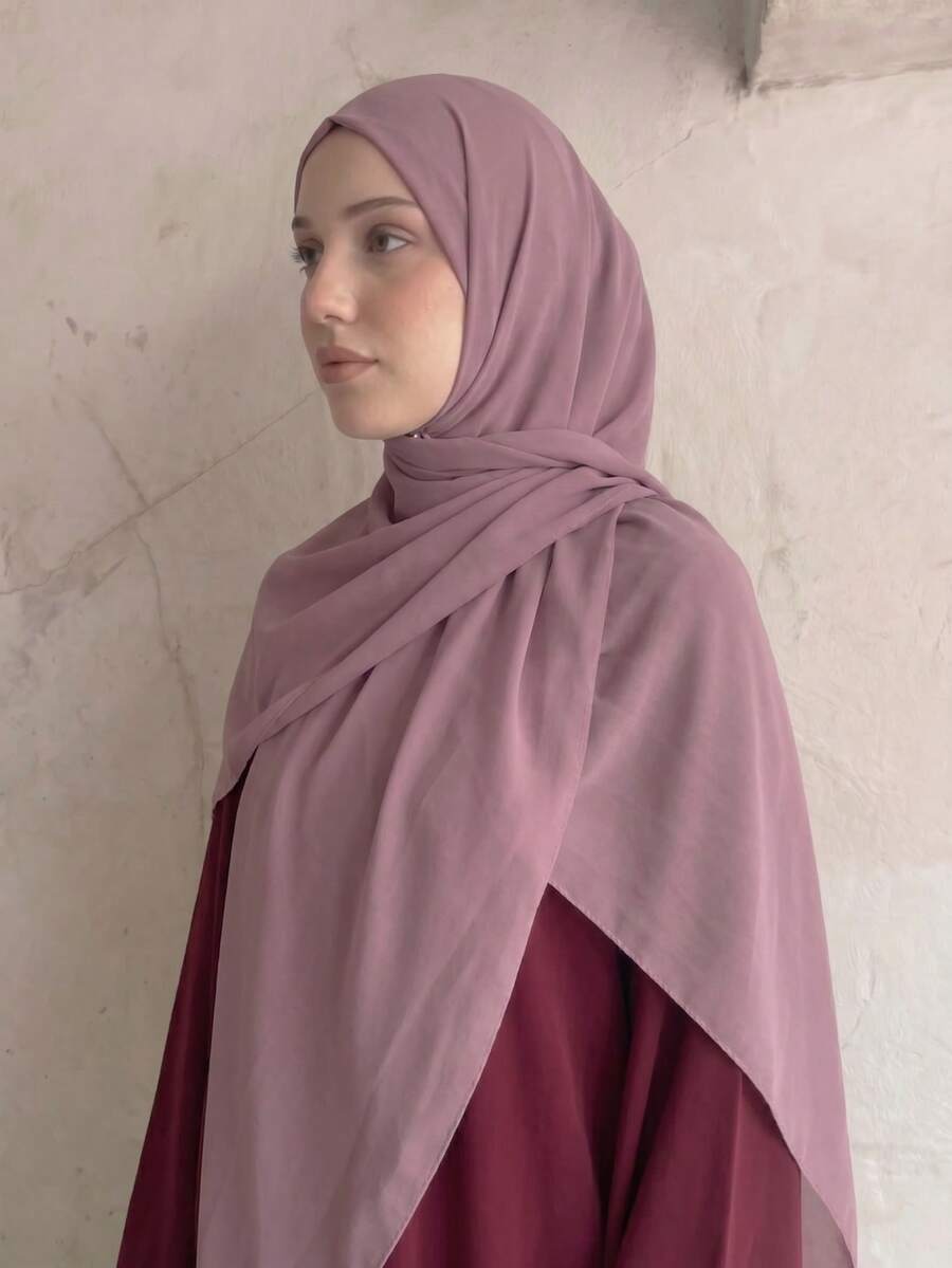 1 buah Jilbab Muslim Chiffon, Jilbab Kasual Warna Polos, Selendang Pelindung Matahari, 140*140cm - Dusty Purple - View 1
