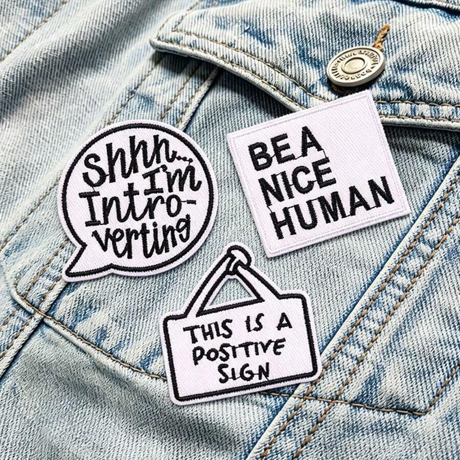 Set de 3 parches bordados con frases divertidas para introvertidos, parches con texto para planchar o coser en chaquetas de mezclilla, mochilas y decoración DIY - multicolor - Ver 1