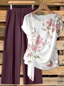 LUNE Conjunto de 2 piezas casual de blusa con lazo y pantalones rectos holgados para mujer - Multicolor 5 - Ver 5