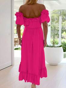 Clasi Vestido de fiesta de moda con hombros descubiertos y drapeado de unicolor para mujer - Rosa Fucsia - Ver 2