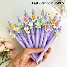 5pcs/Set Random Flower Tip Retractable Pens, 2sets/3sets Smooth Writing Ballpoint Pens, Suitable For Students, Exams, Office, Durable Stationery (Black) - Purple Flower Pen - View 9