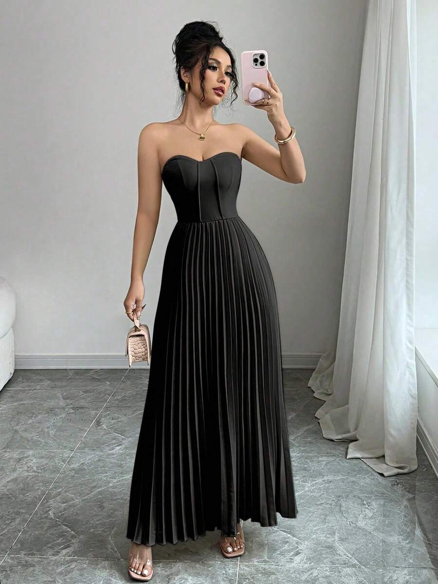 Vestido Tejido Con Manga De Campana Y Escote De Corazon - Negro - Ver 1