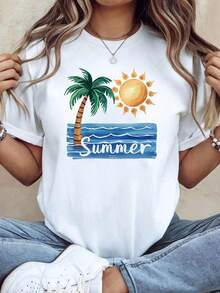 Women's Summer T-Shirt With Palm Tree Design, Waves, And Decorative Logo; Casual Short Sleeves; Energetic Top For Summer Vacations And Travel. Elegant Party Outfit/T-Shirt For Stylish Ladies/Blouses Suitable For Curvy Women/Prom Skirts/Casual Wear - 白色 - 查看 1