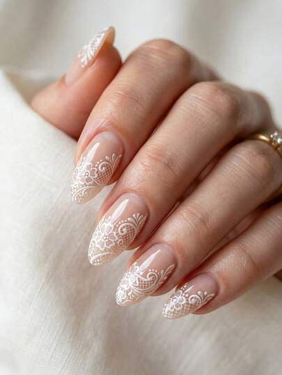 Instantly Upgrade Your Look With 24pcs Spring And Summer Vintage Street Sweet Simple Casual Fresh Elegant Daily White Flowers Lace Pattern Medium Almond Press On Nails Fake Nail Kit,Suitable For Elegant And Refined Girls And Women To Use In Daily Life And Shopping,It Is Also A Good Choice For Minimalism And Spring And Summer