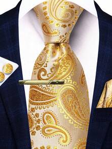 男士金色佩斯利花紋領帶套裝－包含口袋巾、袖扣與金色領帶夾，正式場合穿著 - 金色 - 查看 1