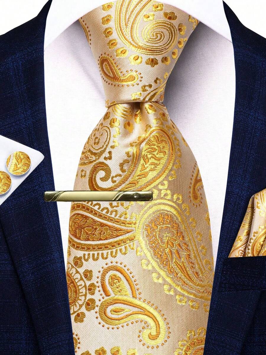 男士金色佩斯利花紋領帶套裝-包含口袋巾、袖扣與金色領帶夾,正式場合穿著 - 金色 - 查看 1