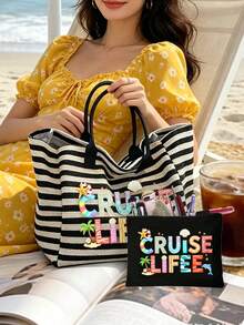 Cruise Life 條紋海灘托特包套組，大容量帆布夏季度假托特包附配對小收納袋，熱帶郵輪主題肩背包，適合海灘旅行、購物，完美適用於郵輪假期、海灘日、泳池行程及日常使用，適合女性、旅行者、郵輪愛好者和度假愛好者 - 彩色 - 查看 3
